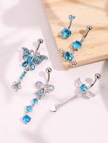 1pc Sexy Elegant High-End Beach Ocean Style Unique Butterfly Heart Wing Blue Zirconia Stainless Steel Navel Ring, Suitable For Daily, Beach, And Holiday Wear - Multicolor - View 3