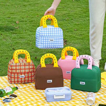 1 pieza Bolsa de almuerzo aislada y personalizada para mujer, con asa de contraste, bolsa de almuerzo de moda para el trabajo, la escuela o el picnic, bolsa enfriadora con cremallera reutilizable, bolsa de almacenamiento de alimentos portátil y ligera