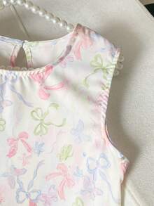 Girls' Casual Elegant Pink Bow Ruffle Hem Sleeveless Dress, Summer - White - View 4