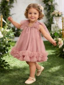 女婴吊带蝴蝶结薄纱蛋糕裙公主礼服，适合生日派对、花童、婚礼、复活节、洗礼、圣餐礼及其他正式场合 - 粉色 - 查看 1