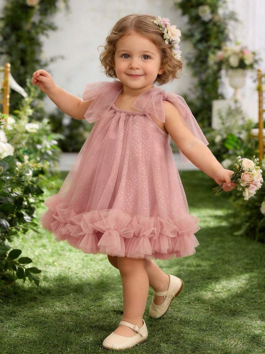 女婴吊带蝴蝶结薄纱蛋糕裙公主礼服，适合生日派对、花童、婚礼、复活节、洗礼、圣餐礼及其他正式场合 - 粉色 - 查看 1
