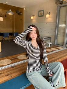 女士新款条纹长袖打底T恤，修身小众设计上衣，春季款 - 白色條紋 - 查看 6