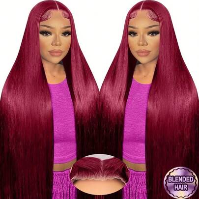 Peluca de cabello humano virgen brasileño frontal de encaje con densidad del 200% y color borgoña #BUG, 13*4 de oreja a oreja, con línea de cabello natural pre-arrancada, aspecto natural y elegante para uso diario de las mujeres