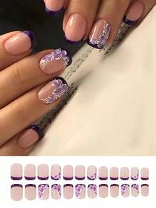 24Pcs Square Short Nails, And Elegant Purple Flowers, Black And White Flowers, French Nails Nail Art, Suitable Girls To Wear, Press Nails. Press On Nails Nail Supplies Nails - 彩色 - 查看 2