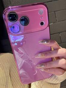 Casing Ponsel Mewah Berlapis Elektroplating Mengkilap Kompatibel dengan iPhone 17 Pro Max 16 15 14 13 12 11 Pro Max Warna Solid Sederhana Perlindungan Lensa Kaca Tahan Guncangan Bumper Penutup Belakang Keras - Hot Pink - View 4