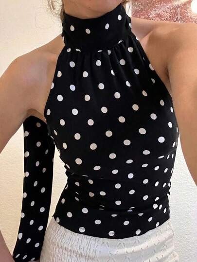  Camiseta de tirantes de mujer con lunares negros y blancos EARO, de longitud regular, de tela no elástica, casual de verano