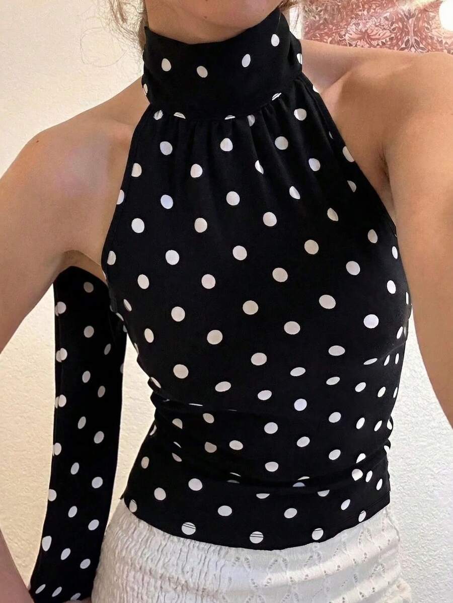 EARO 女士黑白波点吊带背心，常规长度，无弹力面料，休闲夏季款 - 黑色 - 查看 1