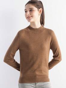 Women's Mock Neck Merino Wool Top Fall Winter Sweater Classic Simple Elegant Cable Long Sleeve Knit Tops Autumn Outfit For Women Fall Clothes - Brown - View 8