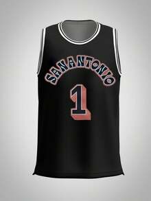 Men's San Antonio 1 Vintage Arc Text Graphic Sleeveless Basketball Jersey, Breathable Athletic Tank Top For Casual Wear - màu đen - Xem 1