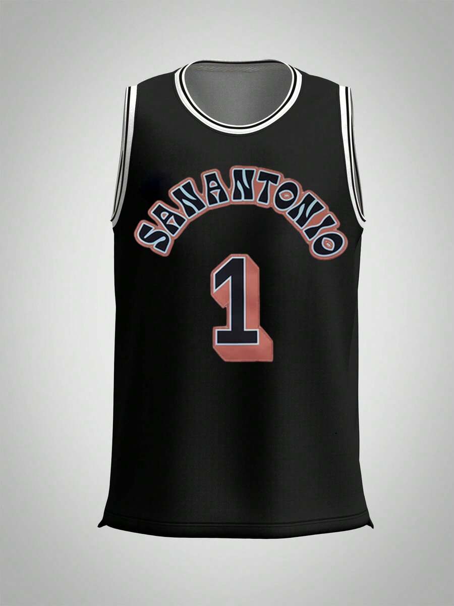 Men's San Antonio 1 Vintage Arc Text Graphic Sleeveless Basketball Jersey, Breathable Athletic Tank Top For Casual Wear - màu đen - Xem 1
