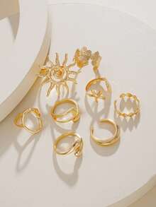 8件套女士金色戒指，时尚优雅休闲个性化波西米亚风花朵太阳不对称宽边戒指套装，适合女士假日派对约会日常旅行拍照搭配服装，新款百搭 - 金黃色 - 查看 3