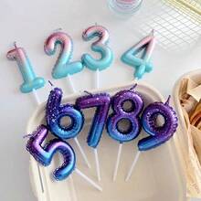1个紫色和蓝色渐变花卉装饰气球，手绘0-9生日数字蜡烛，生日快乐蛋糕装饰，生日派对装饰，适用于生日、周年纪念、性别揭晓派对、单身派对、毕业典礼 - 公主主题，无羽毛，多用途庆典蜡烛，无需用电 - 紫藍漸層蕾絲 - 查看 4