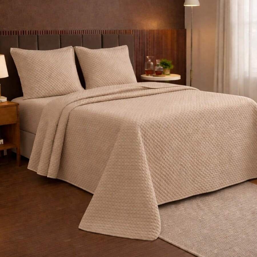 Plain Quilted Bedspread Queen Size 3 Pieces - Khaki - View 1
