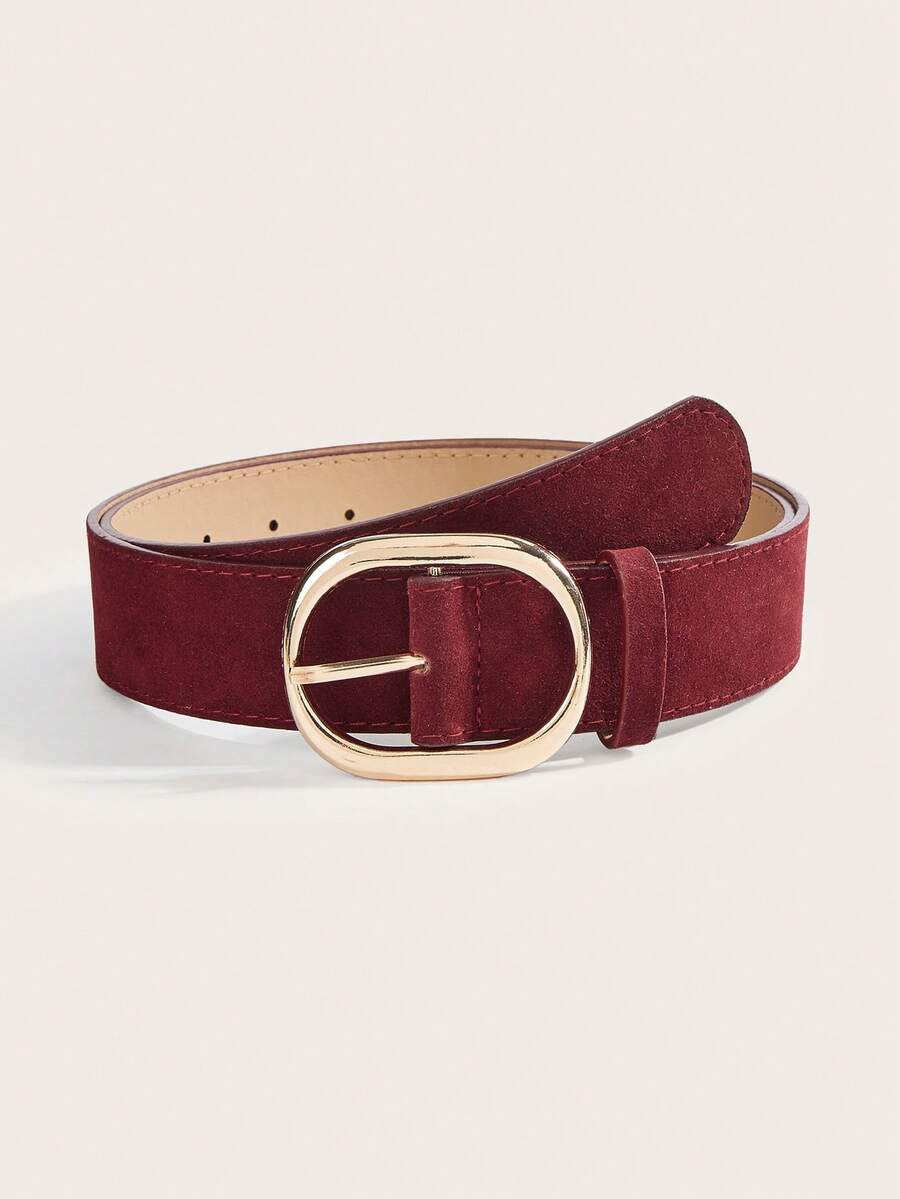 1pc Women's Luxury Elegant Burgundy Velvet Carved Golden Metal Buckle Belt, Versatile Accessory For Jeans, Suitable For Daily Wear - Burgundy Oval Buckle - View 1