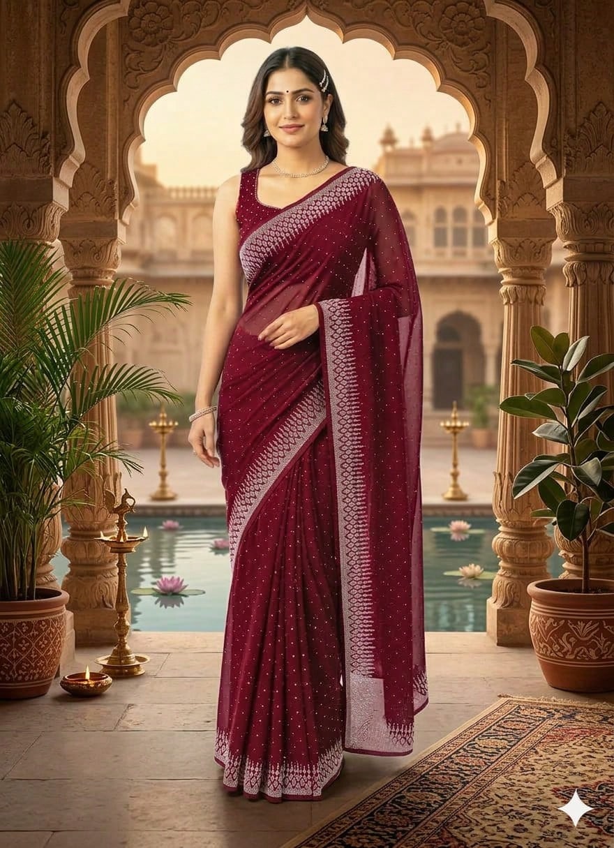Estationeryhouse Designer Georgette Saree With Shimmer Stripes, Swarowski Work, Large Border, With Unstitched Blouse Piece - Maroon - View 1