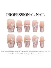 10 miếng dán móng tay hình bướm 3D thủ công dành cho cô dâu, màu hồng nude ombre đính đá pha lê hình bướm, dáng oval/coffin, phù hợp cho cô dâu dự đám cưới mùa xuân/hè, lễ hội âm nhạc, kèm keo và dũa móng, dụng cụ làm móng DIY. - Màu Hồng baby - Xem 4