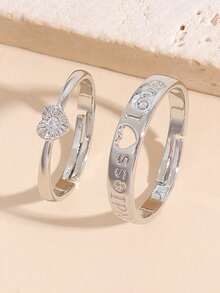 6pcs Fashionable Luxury Minimalist Delicate Heart & Star Copper Zirconia Adjustable Rings Set, Elegant For Casual, Party, Date Wear (No Gift Box) - Silver - View 8