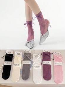 1双女士小腿袜（无硬纸板），薄款芭蕾舞风格交叉蝴蝶结小腿袜，适合春夏穿着，可搭配裙子等多种服饰。 - 彩色 - 查看 1