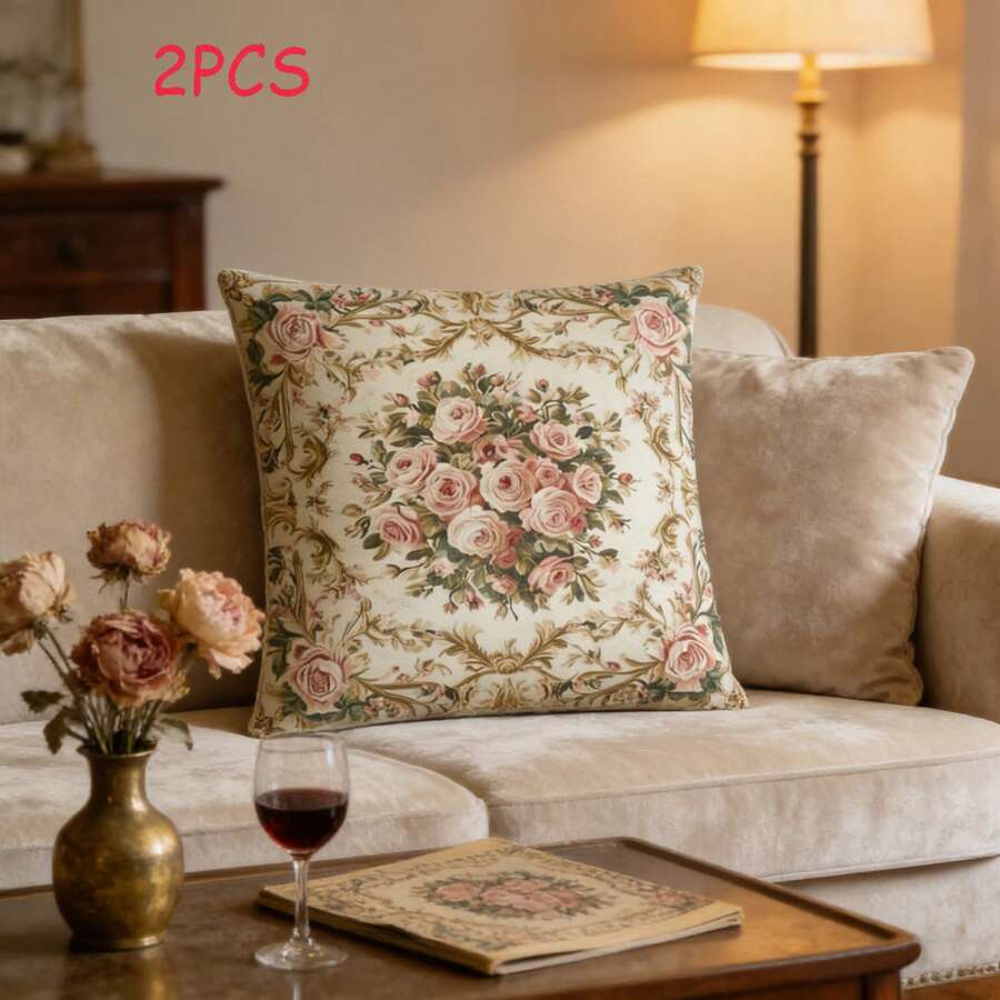 2 件装法式复古宫廷风粉色玫瑰抱枕套，奢华花卉图案抱枕套，涤纶面料，拉链封口，单面印花，适用于家居沙发、床、椅子、农舍户外露台装饰 - 粉綠色 - 查看 1
