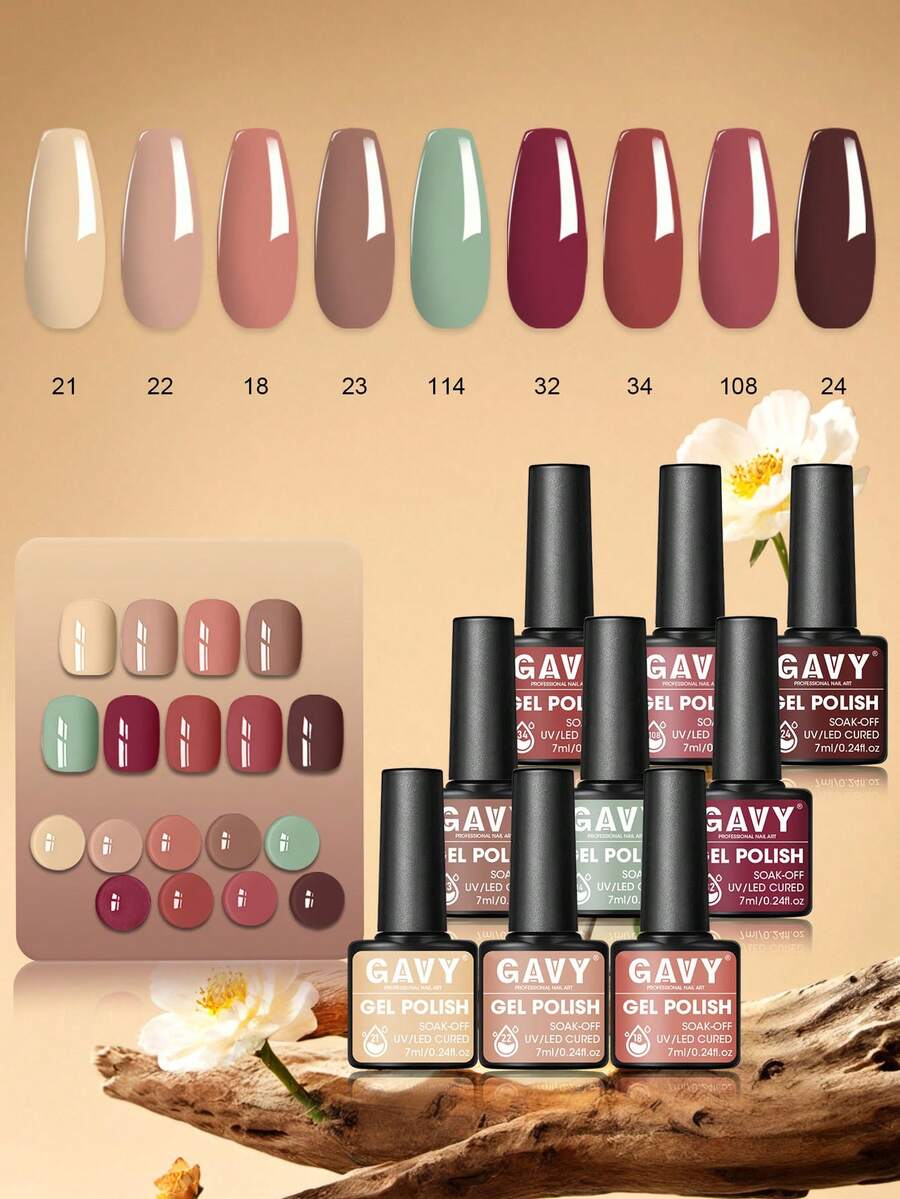 GAVY 9 pièces Ensemble de vernis à ongles gel couleur café classique, convient pour le durcissement UV/LED, adapté pour le salon et le DIY, 7 ml par bouteille