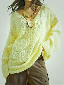 Vintage Soft V-Neck Hollow Out Beach Cover Up, Loose Casual Sunscreen Top, Spring/Summer 2026 New Arrival Vacation - Yellow - View 1