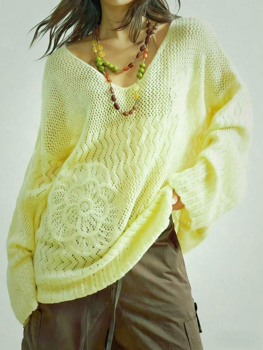 Vintage Soft V-Neck Hollow Out Beach Cover Up, Loose Casual Sunscreen Top, Spring/Summer 2026 New Arrival Vacation - Yellow - View 1