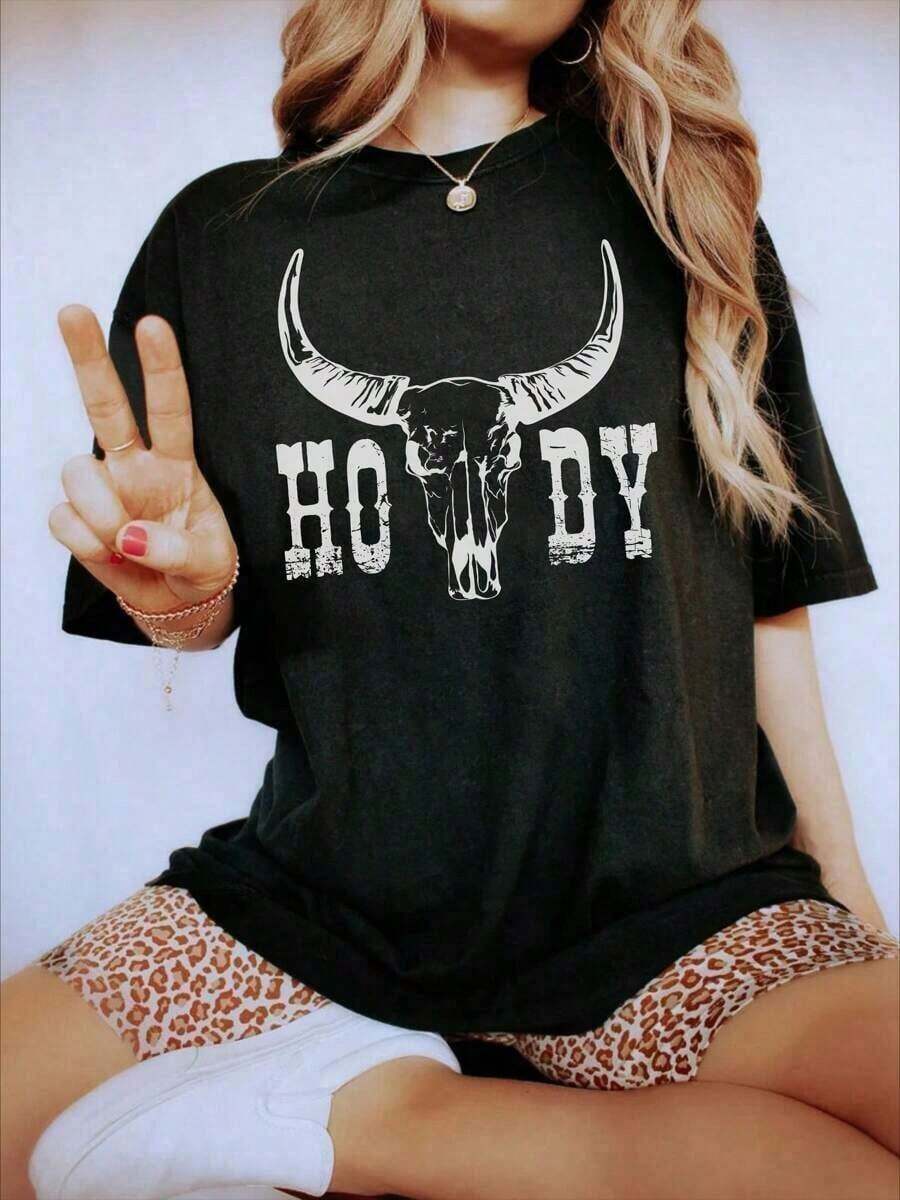 Oversized Howdy T Shirt Western Graphic Tee Oversize Graphic Tee Cute Western Shirts Boho Western Shirt Southwest Shirt Midwest Shirt Nashville Shirt Unisex Short Sleeve Classic Heavy Cotton T Shirt Printed Graphic Tee Women's Casual Short-Sleeved Top-Vintage Street Style Unisex Loose Cotton Short Sleeve Crew Neck T-Shirt - 黑色 - 查看 1