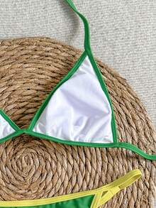 2025新款欧美女士性感时尚格子印花露背系带三角比基尼上衣和侧系带泳裤两件套，夏季海滩度假 - 黃色 - 查看 7