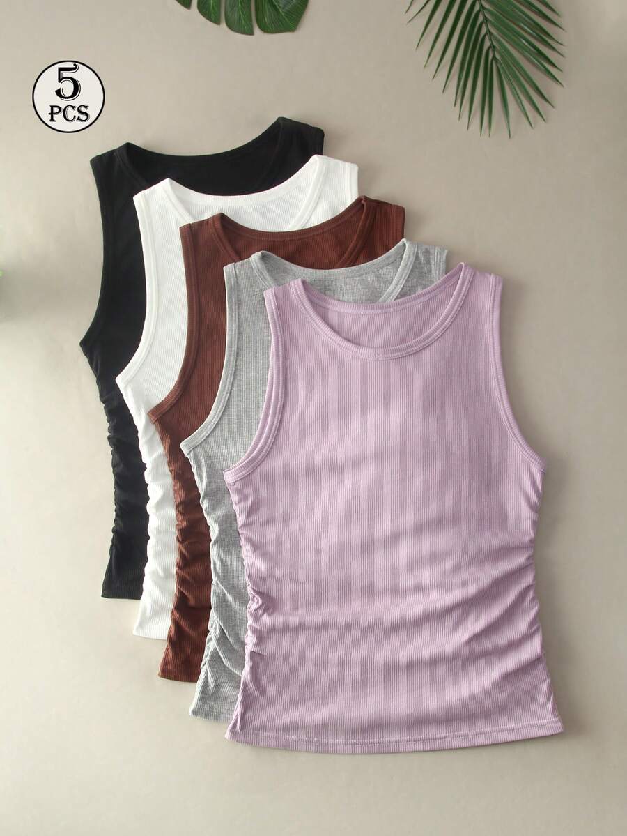 5Pcs Solid Ribbed Knit Long Tank Set, Small Round Neck Waist Slimming Layering Top, Stretch Breathable Figure-Flattering Minimalist Fitness Camisole - Multicolor - View 1