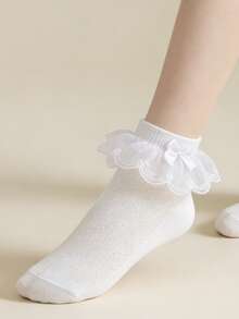 2 Pairs Cotton Girls' Solid Color Mesh Socks With Double Lace, Suitable For Dance Party - Multicolor - View 5