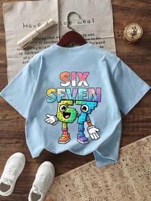 青少年男孩“SIX SEVEN-意大利脑腐烂”彩色数字67卡通印花T恤，适合日常穿着、街头风格、校园风，休闲百搭的夏季男童上衣 - 淺藍色 - 查看 6
