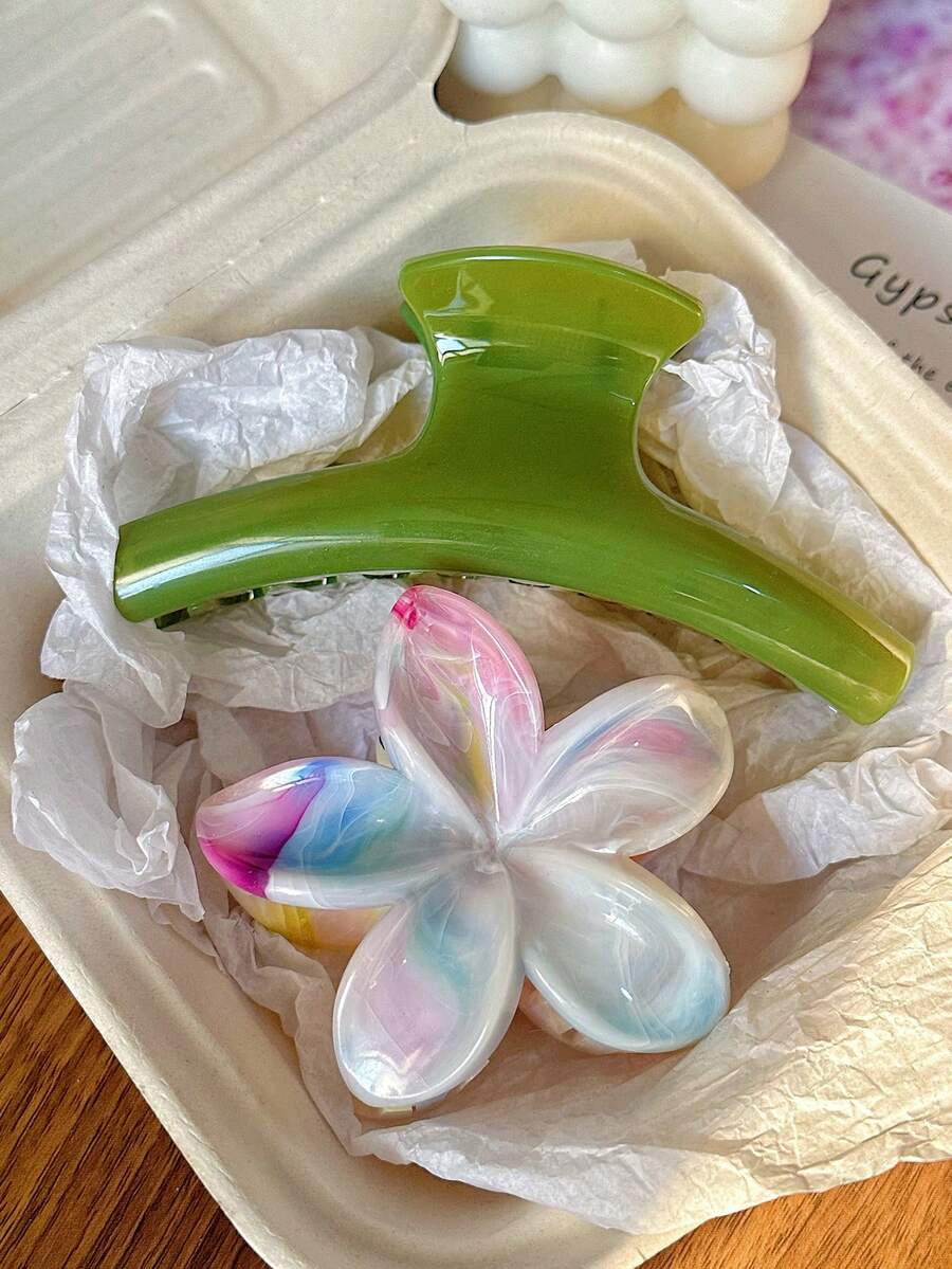 2件套女士绿色一体式爪夹，波西米亚扎染菊花爪夹组合，时尚百搭优雅简约纯色发夹，适合日常、休闲、派对、海滩、度假、发型设计、洗脸/洗头、化妆、服装配饰，秋季时尚发夹，秋季发饰，冬季发夹，春季发夹，夏季发夹，海滩度假发爪，假日，旅行 - 彩色 - 查看 1