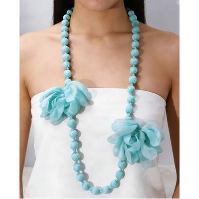 1件装时尚女士马卡龙蓝树脂大号花卉几何木珠项链，欧美风毛衣链，手工制作，结婚礼物