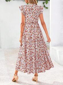 Women's Summer Print Mid-Length Dress With Sleeve Cap V-Neck Ruffled Long Flowing Bohemian Style Casual Beach Holiday Dress - Nền trắng màu cam - Xem 2