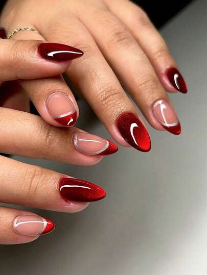 24片深红色猫眼杏仁形美甲贴片 - 软胶短款美甲贴片，女士礼物，亮面胶水美甲贴片，可重复使用假指甲套装，含胶水，酒红色