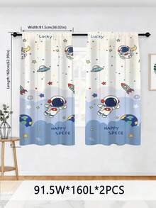 2 Paneles de cortina decorativa con diseño impreso de astronauta, cohete, planeta y estrellas para habitación de niños, fácil de limpiar - lavable a máquina - Multicolor - Ver 12