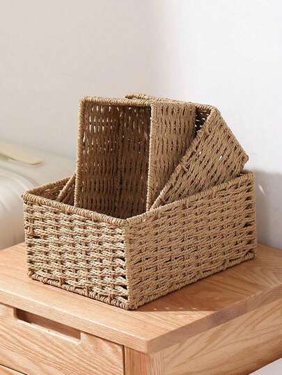 Hộp đựng đồ để bàn bằng mây đan thủ công (1 chiếc/3 chiếc, nhiều kích cỡ), thích hợp trang trí nhà cửa, để trên bàn trang điểm phòng tắm, đựng mỹ phẩm, chìa khóa, đồ ăn nhẹ, v.v. Phù hợp cho phòng khách, phòng ngủ, phòng học, văn phòng, quà tặng mùa tựu trường, quà tặng Ngày của Mẹ.