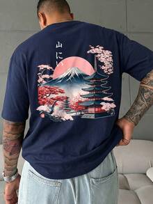 Zrgoth 男士春夏休闲户外运动街头时尚山川樱花印花短袖T恤， - 藏蓝色 - 查看 1