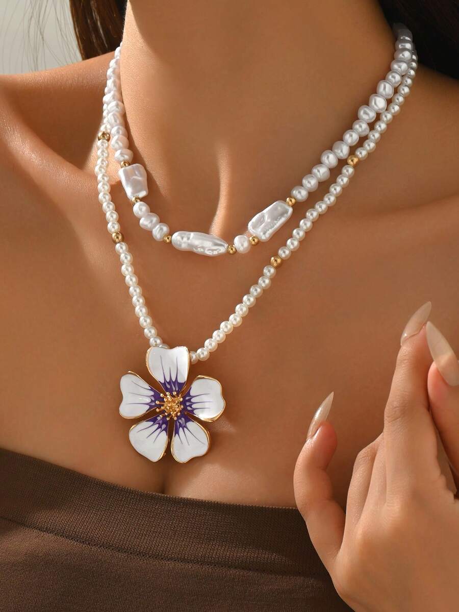 2pcs/Set Irregular Faux Pearl Handmade Beaded Necklace, Double-Layer Purple Glazed Flower Pendant Necklace, Versatile Design Suitable For Daily Wear, Dates, Parties And Music Festivals - Multicolor - View 1