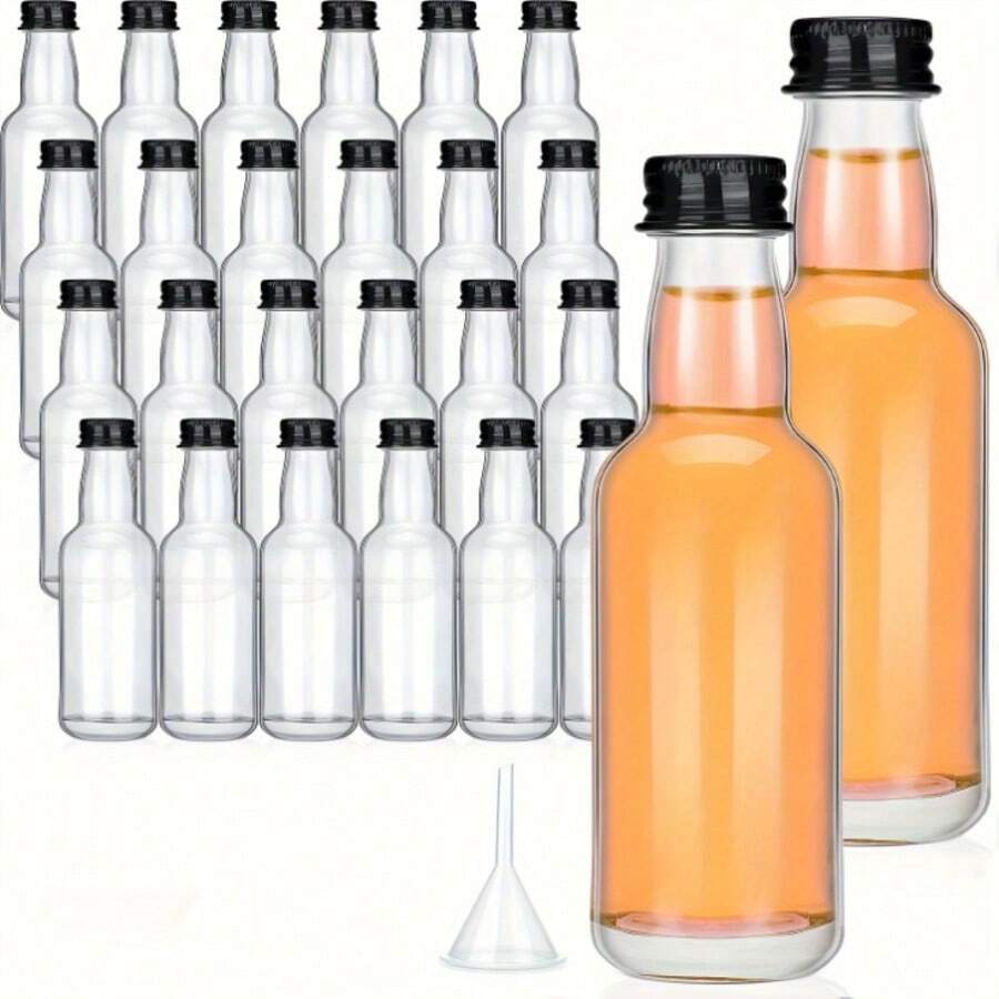 Bộ 24 chai nhựa mini và 1 phễu nhỏ (50ml/1.7oz), chai đựng cồn rỗng có thể tái sử dụng với nắp vặn bằng nhôm màu đen bạc, thích hợp làm quà tặng Giáng sinh, sinh nhật, đám cưới, tiệc tùng. - Xem 1