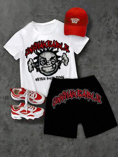 Tween Boy Cartoon Print Short Sleeve T-Shirt And Shorts Summer Outfit