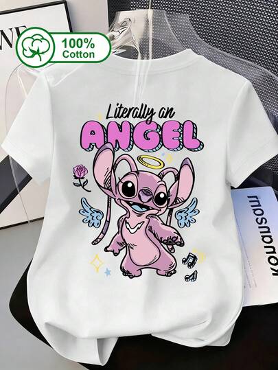  Camiseta de manga corta 100% algodón de uso diario casual para mujer de Disney, con estampado de la letra "Anqi" y "Literalmente un ÁNGEL", adecuada para salidas diarias, citas, reuniones con amigas y usar en Disneyland. Ropa de verano, camiseta estampada con el patrón Anqi.