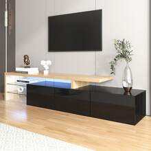 Modern TV Stand Design: Stylish Elegance, Practical Storage Space, Glossy Black, Wood Look, Glass Shelves, LED Lighting. - Natural Color + Black - View 8