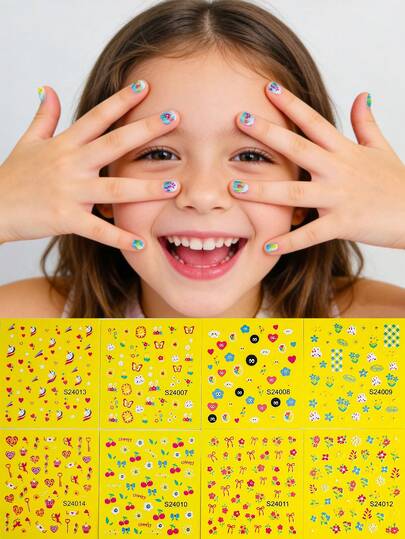 8pcs Cute Cartoon Children's Energetic Yellow Series Nail Stickers, Includes Adorable Animals, Colorful Hearts, Dreamy Unicorns And Delicate Floral Patterns, Vibrant Colors, Easy To Apply And Wear, Suitable For Daily Use, Parties And DIY Manicure, Create Fun Nail Art