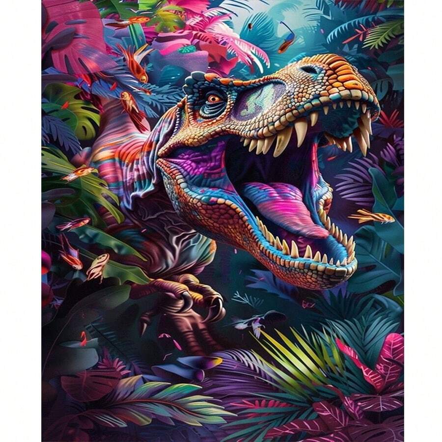 1 sztuka 2D DIY Diamentowy Malunek Jurajski Dinozaur, Kolorowa Dżungla Tyrannosaurus Rex Diamentowa Sztuka, Idealny Na Prezenty Świąteczne - Zobacz 1