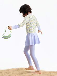 Annil 【碎花长袖泳衣套装】女童夏季高弹防水两件式裙泳衣训练泳装 - 黃紫花 - 查看 2