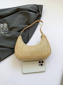 Neue Mode Handtasche für Frühling/Sommer, Stroh-Schultertasche, Strandtasche für den Urlaub, lässige Halbmond-Tasche mit Perlenkette, modische einfarbige geschwungene Halbmond-Unterarmtasche, elegante Damentasche - Khaki - Übersicht 8