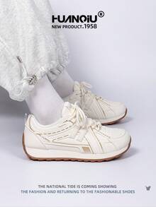 HUANQIU 2026 New Style Women's Shoes, Women's Sneakers, Thick-Soled Casual Shoes, Fashionable , Easy-Matching, Lightweight, Comfortable, Lace-Up, Soft-Soled Casual Shoes, Running Shoes, Beige, All-Season Shoes - Beige - View 5