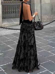 Vintage Cashew Flower Print Mesh Sheer Low Waist Draped Asymmetrical Hem Skirt Black Summer - Black - View 10