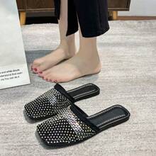 Rhinestone Hollow Mule Slippers For Women, Flat Bohemian Holiday Sandals, European And American Fashion Round Toe Ladies Black Slides - Black - View 3